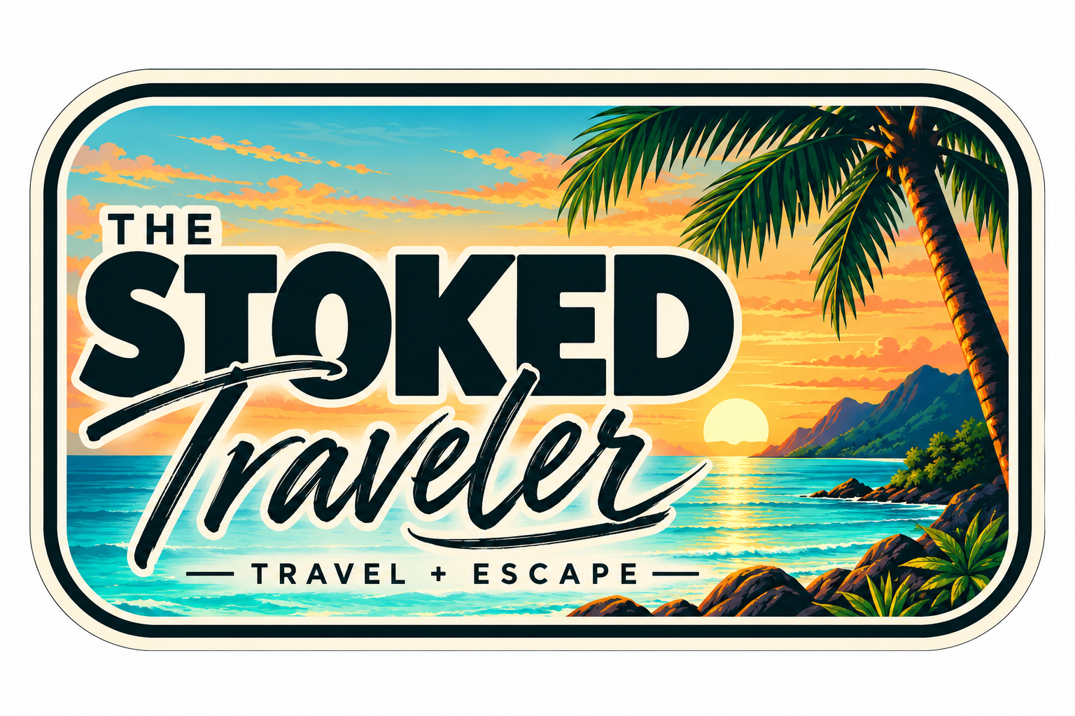 The Stoked Traveler colorful badge logo showing a tropical sunset, palm tree, ocean, and the words The Stoked Traveler Travel + Escape.