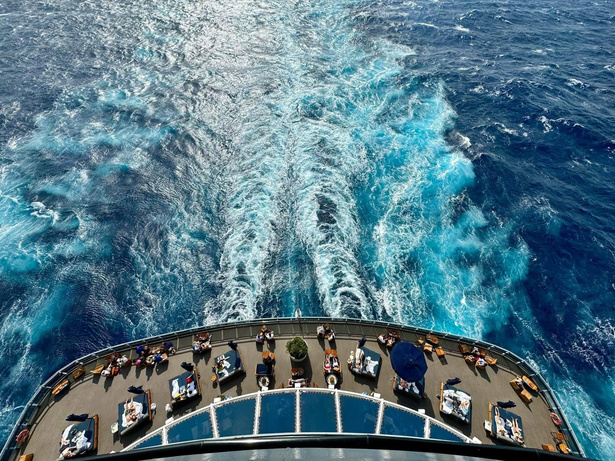 View from the back of a Virgin Voyages ship